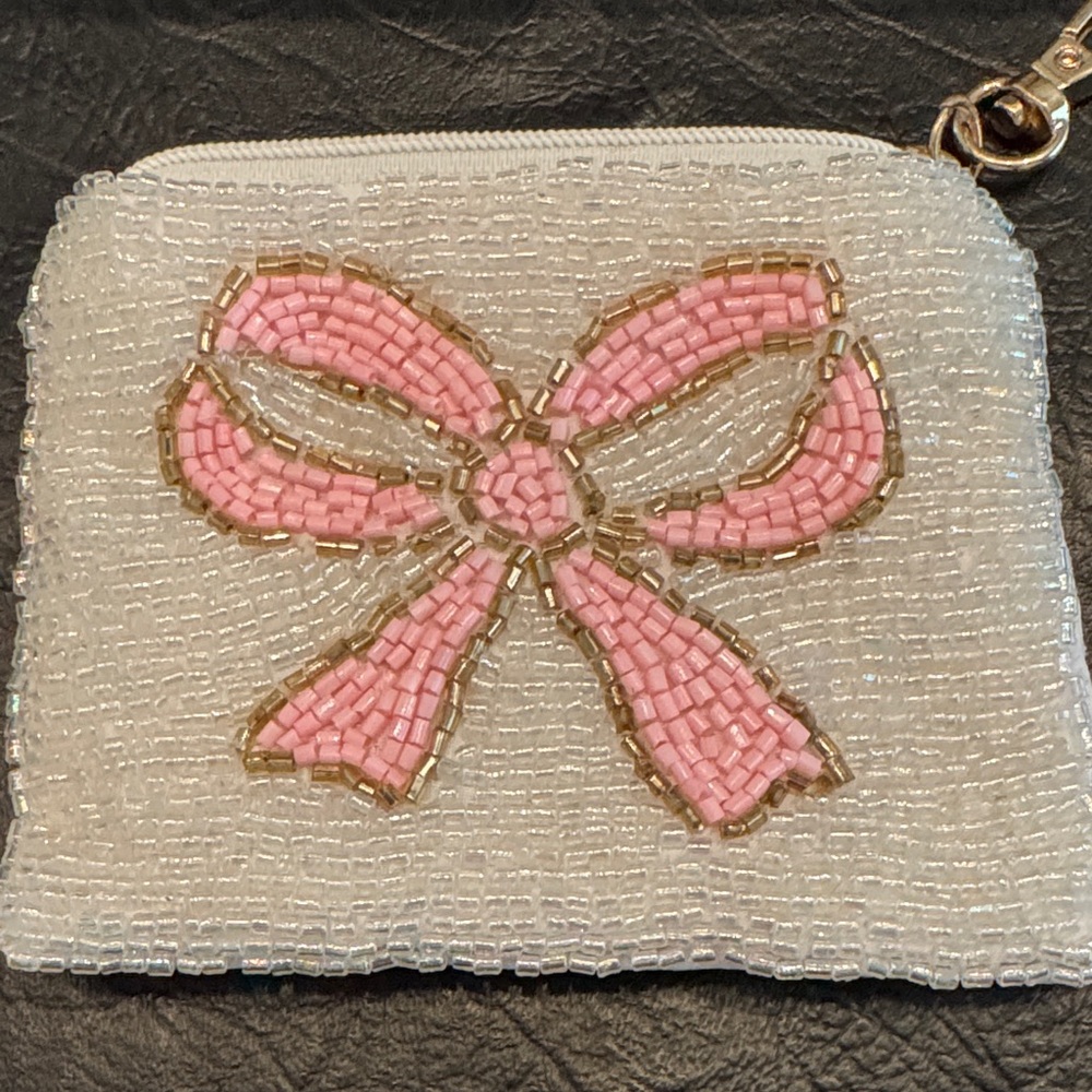 Chic Beaded Coin/Card Holder with Pink Bow, NEW, Sequins 🎀 - Picture 3 of 7